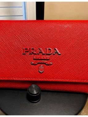 PRADA Authentic Saffiano Fuoco Red Envelope Wallet + Card Case